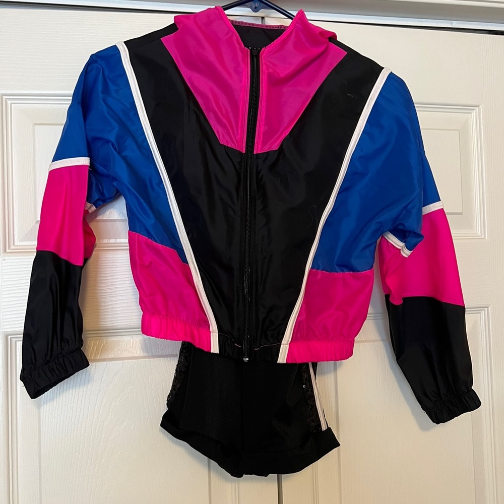 Girls hip hop costume. Black shortie leotard with light weight hoody.